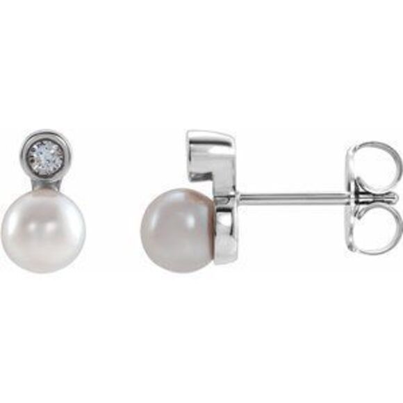 14K White Gold Cultured White Akoya Pearl .03 CTW Natural Diamond Earrings